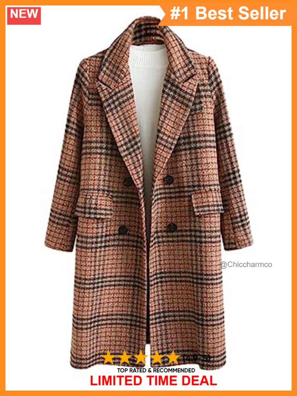 Wool Blend Plaid Double Breasted Long Peacoat Winter Trench Coat